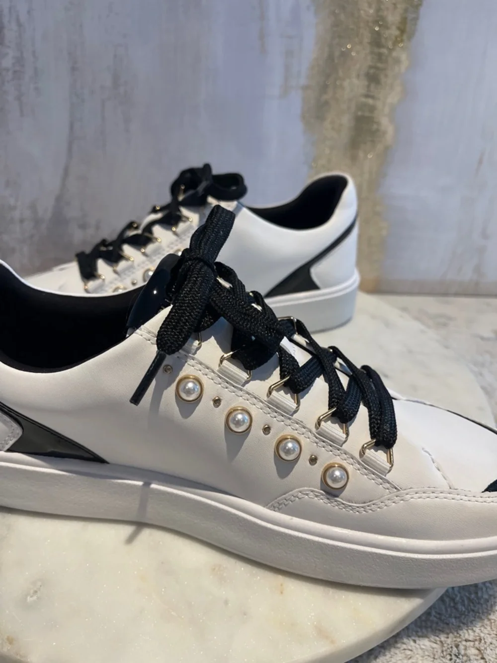 Karl Lagerfeld White and Black Pearl-Trim Sneakers - Picture 3 of 10